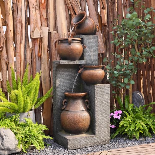 50H Water Fountain Outdoor with 5Tiers Modern Cascading Jar and Stacked Water Fountain with LED Lights for Patio