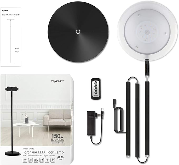 Tenergy Torchiere Dimmable LED Floor Lamp, Remote Controlled 30W (150W Equivalent) Standing Lamp, 90° Adjustable Top, Wall Switch Smart Outlet Compatible, Warm White Light