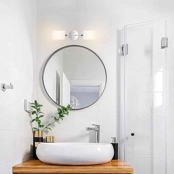 2-Lights Modern Wall Sconce White Cylinder Glass Shades Mid Century Bathroom Vanity Wall Light Fixtures Industrial Wall Lamp for Bedroom Mirror Living Room Restaurant(Chrome Color)