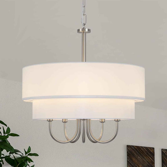 Modern Drum Chandeliers for Dining Room Light Fixture 5 Light Brushed Nickel Chandelier with Shades Contemporary Farmhouse Hanging Large Pendant Lighting for Kitchen Island Living Room Entryway Foyer