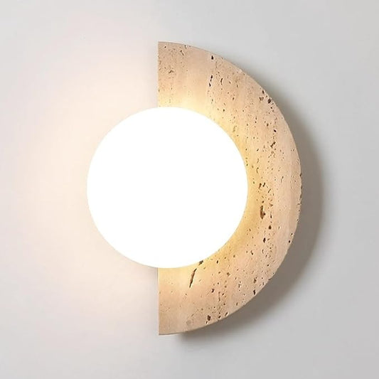 Japanese Style Wabi-sabi Art Decor Lighting Fixture, Semi Circle Yellow Travertine Wall Lamp with Glass Shade, Half Moon Natural Marble Stone Wall Sconce for Bedroom Bedside Hallway