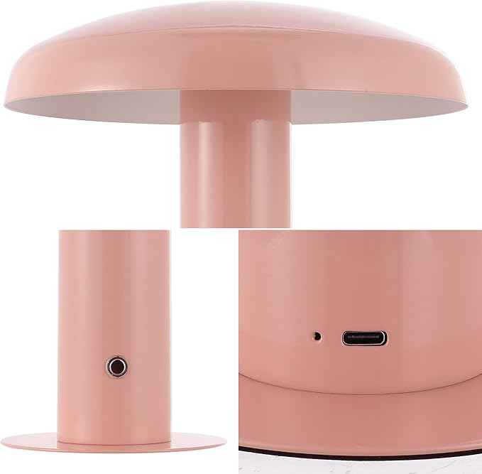 JONATHAN Y 11" Pink Rechargeable LED Mushroom Table Lamp, Cordless Portable Dimmable Mid-Century Modern Accent Lamp, with Metal Shade, Touch Sensor (JYL7114E)