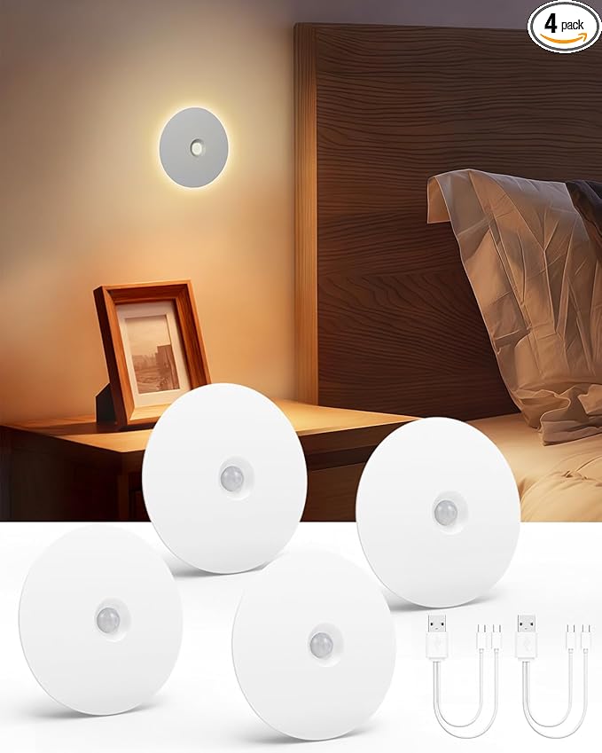 Yiliaw Motion Sensor Night Light, Rechargeable Nightlight Indoor, Dimmable Warm White with Wireless Magnetic Mount, Adjustable Brightness & 3 Color Temps for Hallway, Stair, Bathroom, Closet (4 Pack)