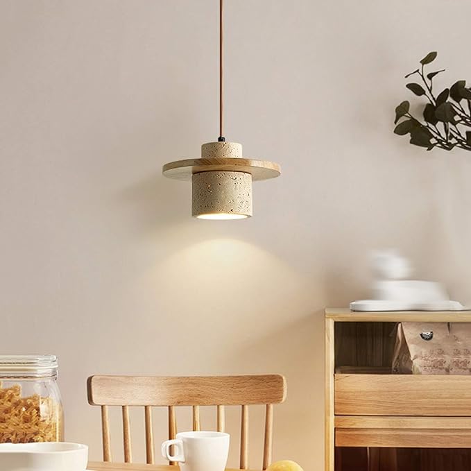 Wabi Sabi Black Natural Stone Pendant Light Travertine Lampshade Nordic Style Solid WoodNatural Yellow Travertine Hanging Lamp Dining Room Kitchens Island Hanging Lights