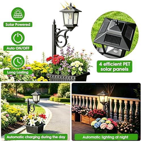 2 Pack 2-in-1 Outdoor Flower Pots, Solar Post Lamps Waterproof, Solar Lamp Post Lights, Wall Mount or Freestanding, Outdoor Decorative Lamp for Garden, Patio, Front Porch, Back Door, Warm White