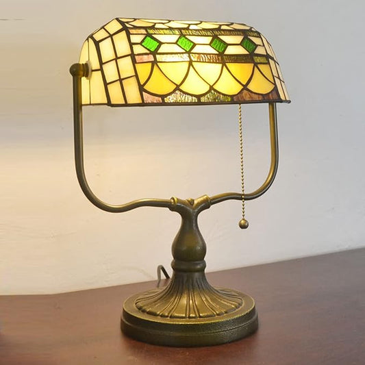 (4 Variation) Tiffany Bankers Lamp,Handmade Tiffany Table Lamp,Decorative Mediterranean Lamp,Victorian Lamps,Stained Glass Lamp for Living Room Bedroom Bedside Office,B Green