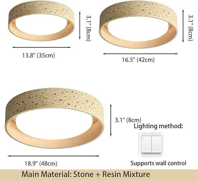 Modern Wabi-Sabi Flush Mount Ceiling Light, Stone Resin Round Ceiling Lamp, Nordic Minimalist Sandstone Style Lighting Fixture for Bedroom, Living Room, Study Room, Hallway Decor(18.9" (48cm))