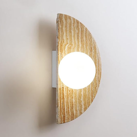 Japanese Style Wabi-Sabi Art Lighting Fixture, Half Moon Semi Circle Yellow Travertine Wall Lamp with Glass Shade, Nordic Modern Marble Wall Sconce for Bedroom Living Room Hallway Entryway