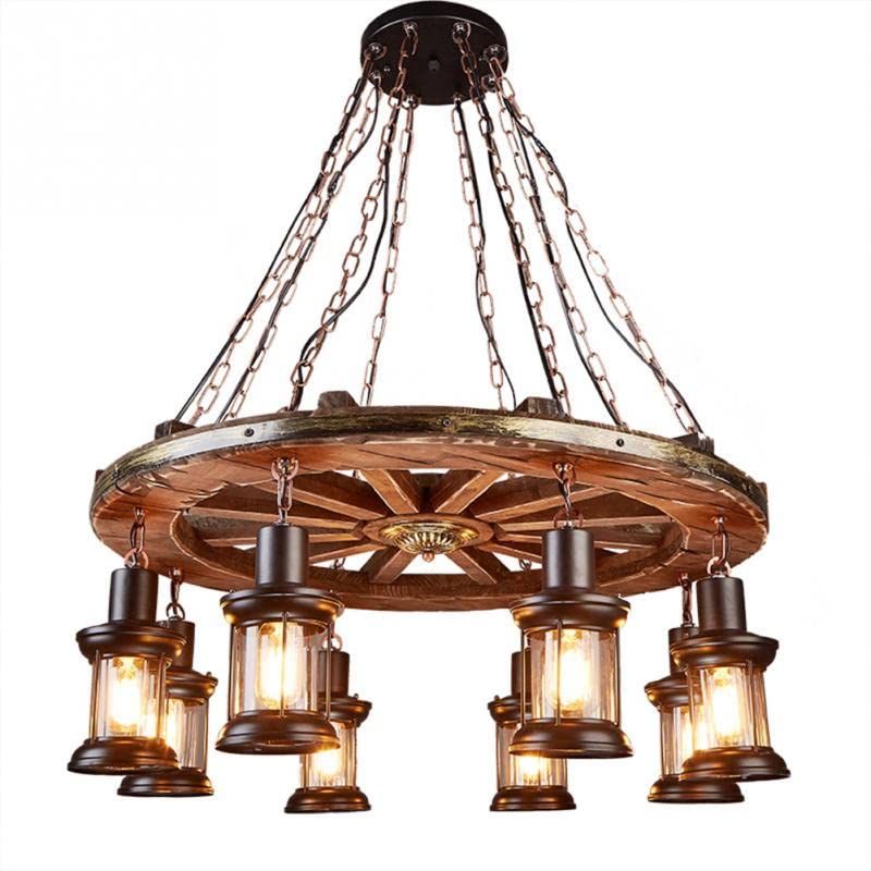 Vintage Industrial Wood Chandelier with 8 Light Rudder Shape