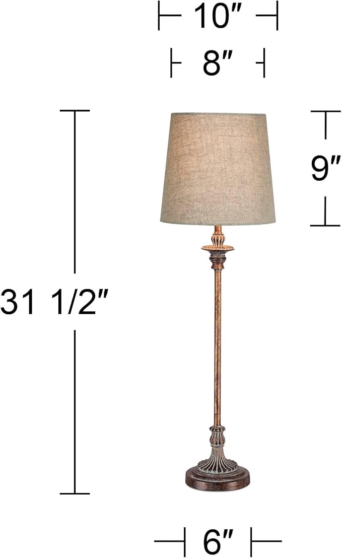 Regency Hill Bentley Traditional French Country Style Buffet Table Lamps 31.5" Tall Skinny Set of 2 Weathered Brown Ridged Linen Fabric Tapered Drum Shade Decor for Living Room House Home Dining