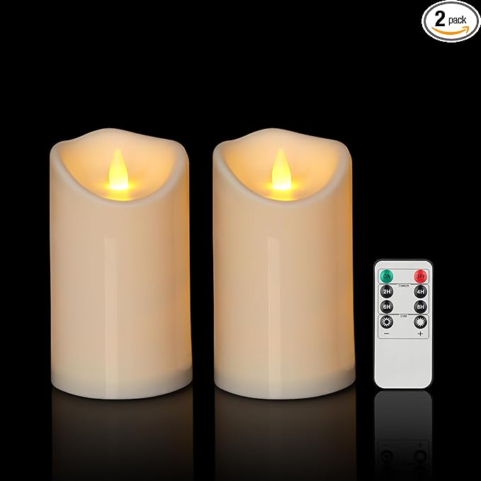 Outdoor Flameless Candles, Patented 3D Dual-LED, Set of 2 Slanted Plastic Pillars with Remote, Waterproof Non-Melting Battery Operated Decor for Bathroom Bedroom Gift, Ivory (D3 x H6)