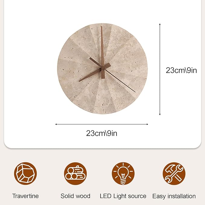 Round Natural Stone Wall Sconce, Creative Clock Design Yellow Travertine Wall Lamp, 3000K Warm Light LED Wall Light Fixture, Japanese Style Wabi-Sabi Art Lighting Fixture for Bedroom(23cm)