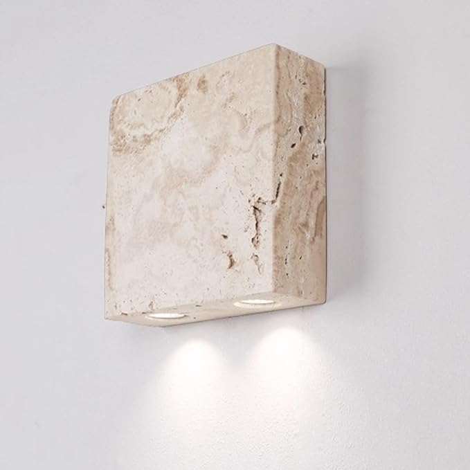 Square Natural Stone Wall Lamp, Nordic Modern Marble Wall Sconce, Japanese Style Wabi-Sabi Art Lighting Fixture, Yellow Travertine Wall Light for Bedroom Living Room Hallway Entryway Stairs