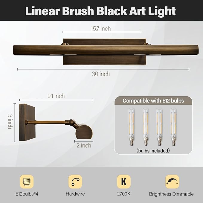 Art Picture Frame Wall Light: 30" Dimmable Antiquing Artwork Copper Painting Spotlight - Hardwired Swing Arm Rotatable 4 Lights over Pictures - Linear Accent Lighting above Photo for Gallery Museum