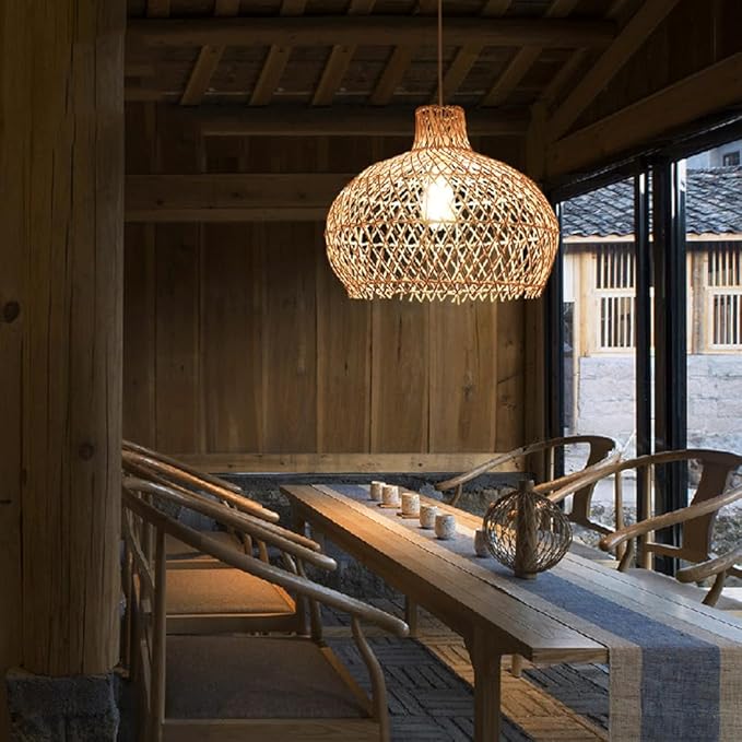 15.7in Rattan Lantern Pendant Light, Wabi Sabi Retro Chandelier,Zen Handwoven Hanging Lamp,Natural Living Room Fixture with Adjustable Height,for Bedroom Dining Room Tea Room Island