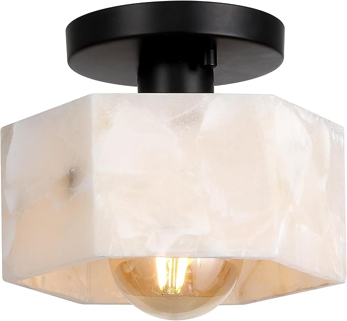 JONATHAN Y 8" White Marbling/Black Modern 1-Light Hexagonal LED Semi Flush Mount Ceiling Light, White Alabaster Marble Shade, Glam Lamp for Hallway, Bedroom, Bathroom, LED Bulb Included (JYL1204B)