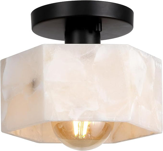 JONATHAN Y 8" White Marbling/Black Modern 1-Light Hexagonal LED Semi Flush Mount Ceiling Light, White Alabaster Marble Shade, Glam Lamp for Hallway, Bedroom, Bathroom, LED Bulb Included (JYL1204B)