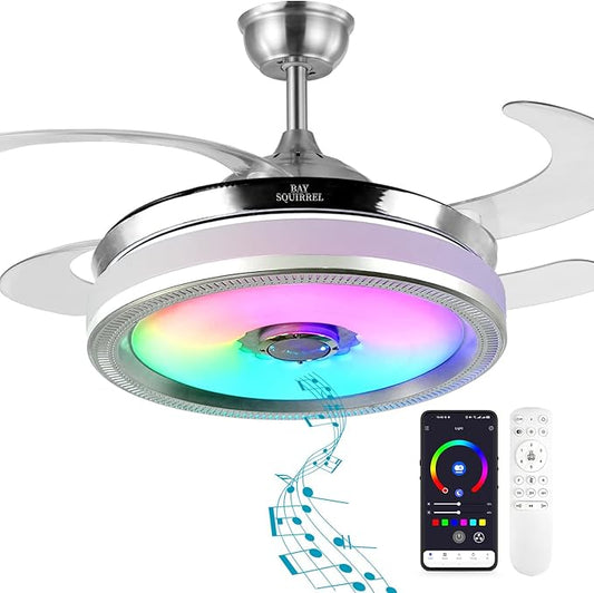 BAYSQUIRREL Retractable Bluetooth Ceiling Fan with Light and Speaker, Flush Mount Ceiling Fans,RGB-LED 6 Speed Reversible Modern Invisible Ceiling Fans,Remote and APP Control
