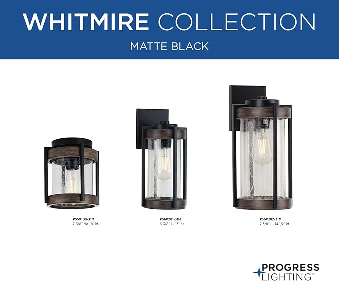 Whitmire Collection 1-Light Clear Seeded Glass Light Aged Oak Accents Farmhouse Outdoor Wall Lantern Light Matte Black