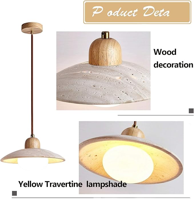 Wabi Sabi Pendant Light Natural Stone Retro Japanese Style Yellow Travertine Pendant Lighting Vintage Wood Hanging Light Fixture Adjustable Height For Bedroom, Kitchen Island, Dining Room