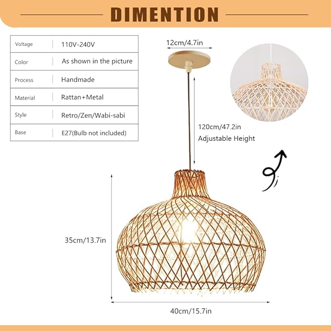 15.7in Rattan Lantern Pendant Light, Wabi Sabi Retro Chandelier,Zen Handwoven Hanging Lamp,Natural Living Room Fixture with Adjustable Height,for Bedroom Dining Room Tea Room Island