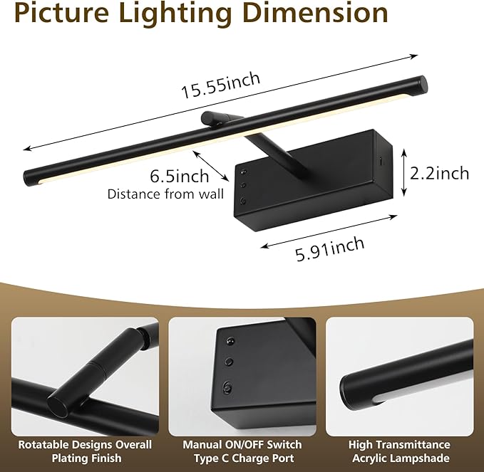 Wireless Picture Lights, 16in Black Battery Operated Wall Sconce, 3 Color Temperature Dimmable and Timer Wireless Picture Light with Remote for Display, Artwork, Gallery