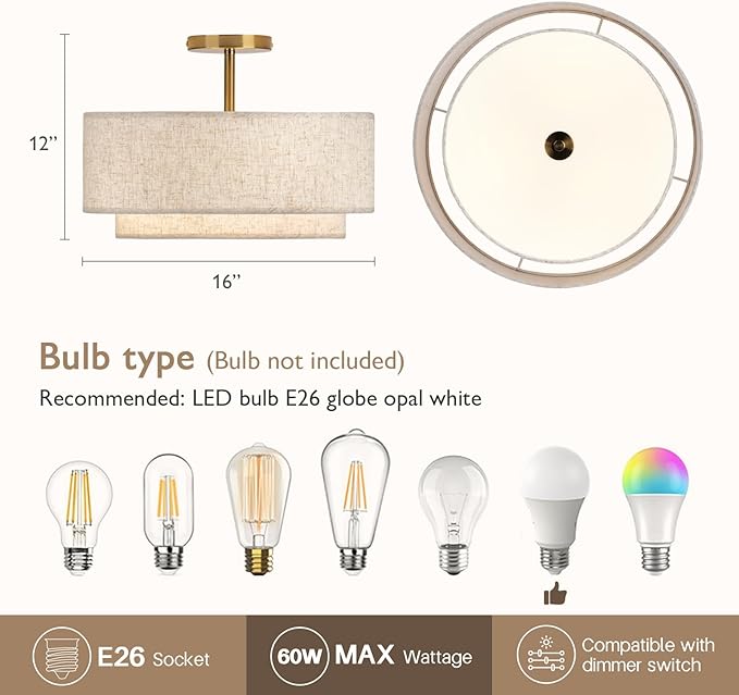 16" Double Drum Gold 3-Light Semi Flush Mount Ceiling Light, Classic Fabric Linen Shade Design for Living Room, Bedroom, Kitchen, Dining Room, Hallway and Entryway - Aura Lighting