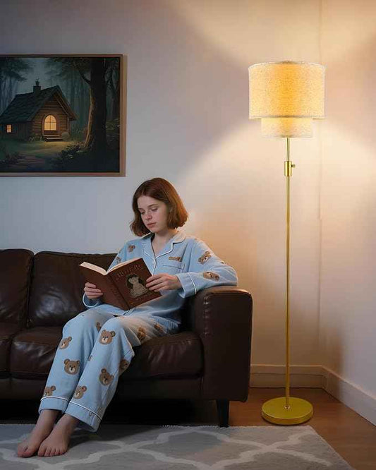 Lightdot 67IN LED Floor Lamp for Living Room, LED Standing Floor Lamps with Double Fabric Shade, E26 Bulb Included, Vintage Corner Lighting, Mid Century Floor Lamp for Bedroom Home Office-Gold