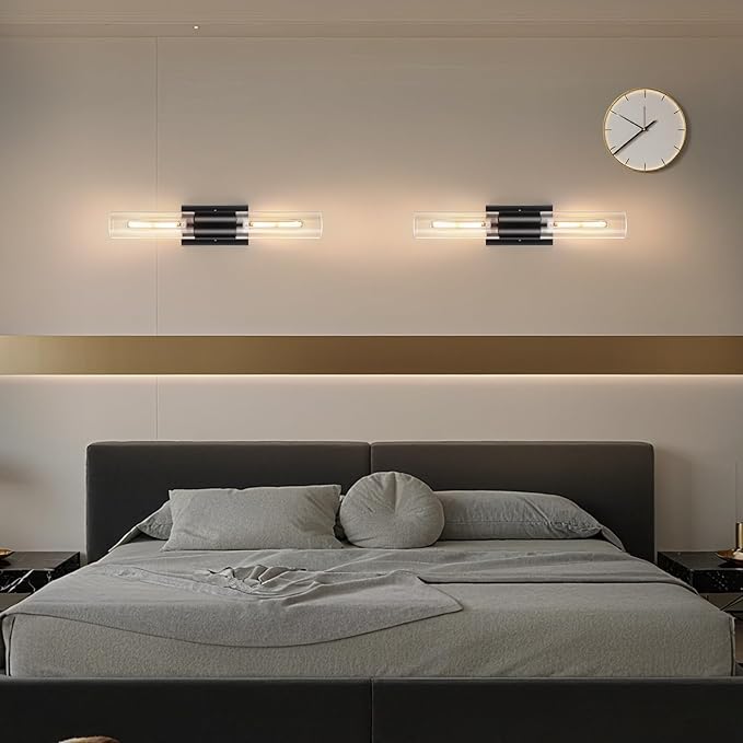 Bathroom Wall Sconces Set of Two Black , 21" Modern 2-Light Vanity Light Tube Wall Sconce, Clear Glass Indoor Hardwired Mounted Lamps for Living Room,Bedroom,Hallway-Black Clear (Bulb Not Included) - Aura Lighting