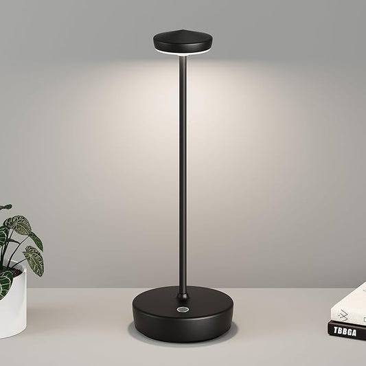 1 Pack Cordless Table Lamp Rechargeable - LED Battery Table Light with 3 Color Temperatures, Stepless Dimming, Waterproof Aluminum for Indoor Outdoor, Patio, Restaurant, Dinner (Black)