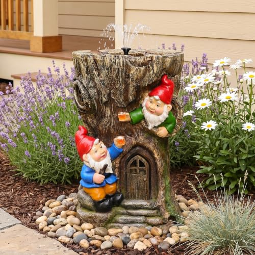 Gnome Outdoor Water Fountain with Solar Pump Tree Stump Waterfall