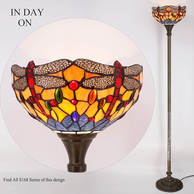 WERFACTORY Tiffany Floor Lamp Orange Blue Stained Glass Dragonfly Light 12X12X71 Inches Torchiere Standing Corner Torch Uplight Decor Bedroom Living Room Home Office S168 Series