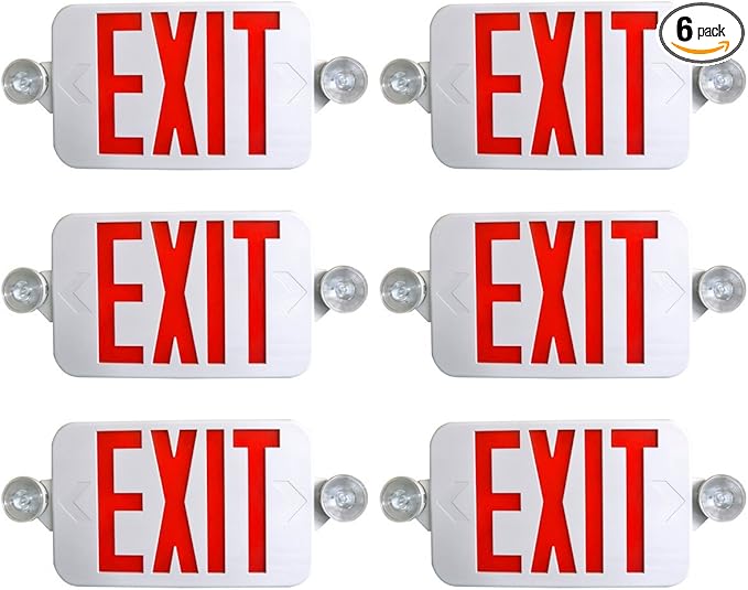 Supreme LED 6 Pack All LED Decorative Red White Exit Sign & Emergency Light Combo with Battery Backup (6 Pack), White/Red
