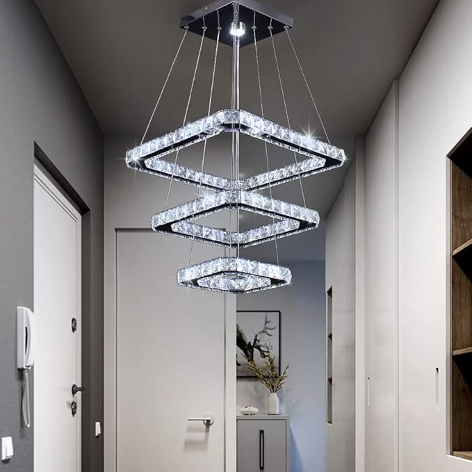 Modern Crystal Chandelier LED Ceiling Light, Square 3-Ring Design, Ultra-Bright 47W Cool White 6000K, Height Adjustable K9 Crystal Pendant Lighting for Dining Room, Living Room, Bedroom, Foyer