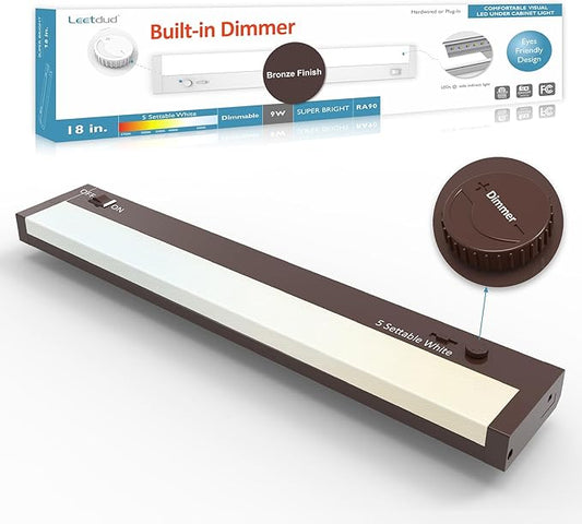 Under Cabinet Lighting Plug in or Hardwired Built-in Dimmer, 18 Inch 9W, 5CCT 2700/3000/3500/4000/5000K, Linkable Counter Lights for Kitchen, ETL Dimmable LED Light Fixture, Bronze