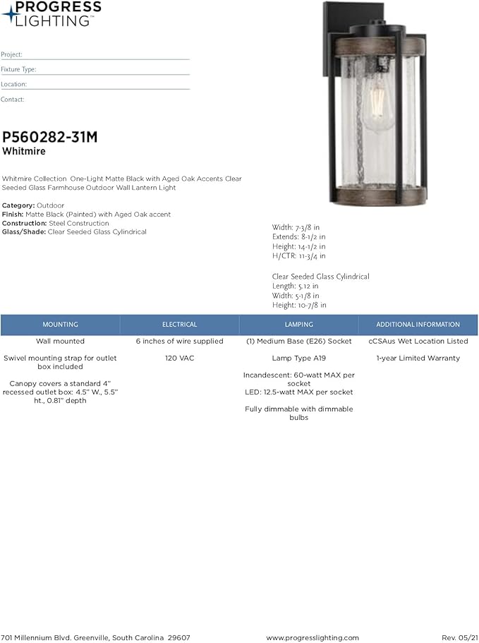 Whitmire Collection 1-Light Clear Seeded Glass Light Aged Oak Accents Farmhouse Outdoor Wall Lantern Light Matte Black