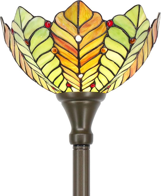 Tiffany Floor Lamp Torchiere Stained Glass Torch Lamp 12X12X67 Inch Antique Standing Corner Light (Amber Green Beach Coconut Tree)