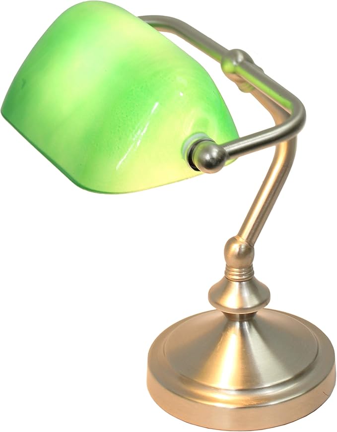 Simple Designs LT3057-GRN Brushed Nickel Mini Traditional Banker's Lamp with Glass Shade, Green