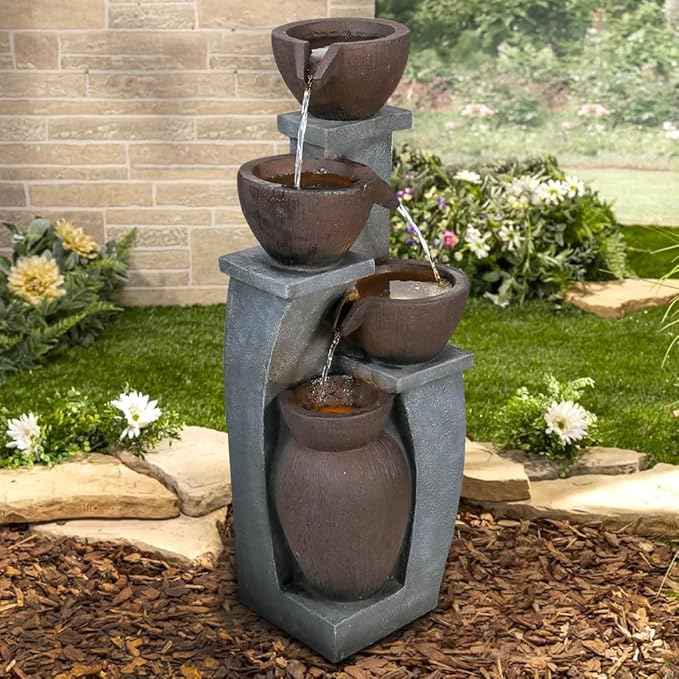 SunJet 4-Tier Outdoor Water Fountain Resin Waterfall Fountains Decor with LED Lighting Natural Polyresin Looking Stone Decor for Garden Patio Fold Court Yard Deck 11.4" L x 11.8" W x 32.8" H
