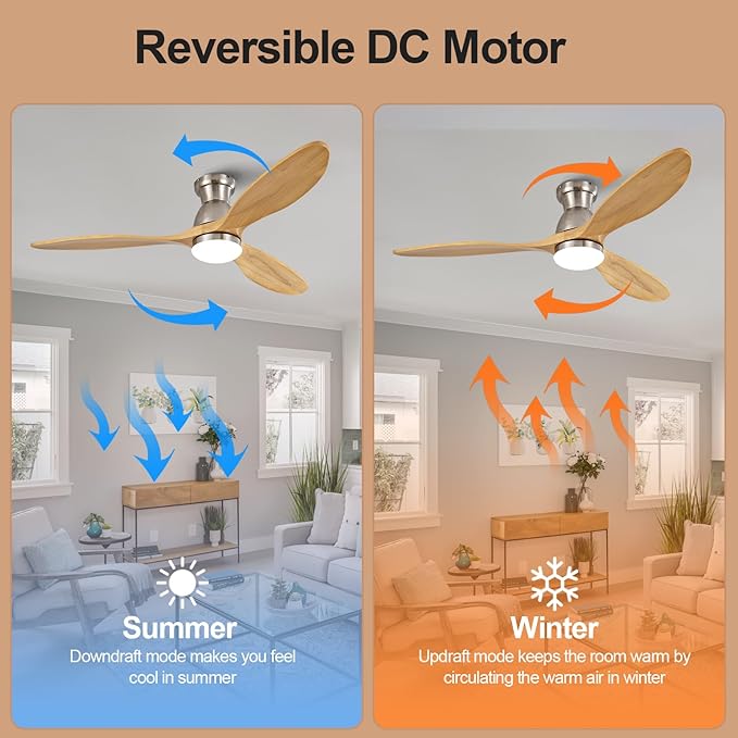 Dimmable 52 Inch Flush Mount Ceiling Fans with Lights and Remote, 3 Blade Wood Bedroom Ceiling Fan with Lights Low Profile Ceiling Fan with Light Brushed Nickel Outdoor Ceiling Fans for Patios