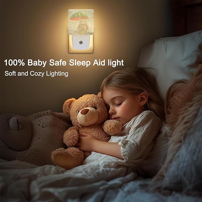 Cute Cat Holding Umbrella Plug in Night Light with Auto Dusk to Dawn Sensor,Warm Night Lights for Boys Girls Bedroom Bathroom Hallway Kids Room Gifts