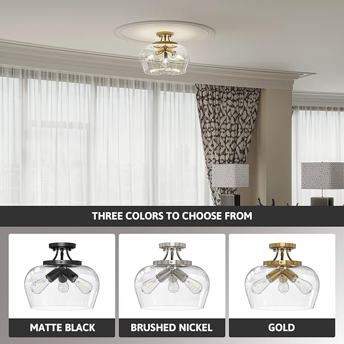 VONLUCE Semi Flush Mount Ceiling Light, 13.8" Ceiling Light Fixture with Clear Glass Shade, E26 Base, 3-Bulb Industrial Lighting Fixture for Hallway Entryway Bedroom, Brushed Gold, ETL Certificated - Aura Lighting
