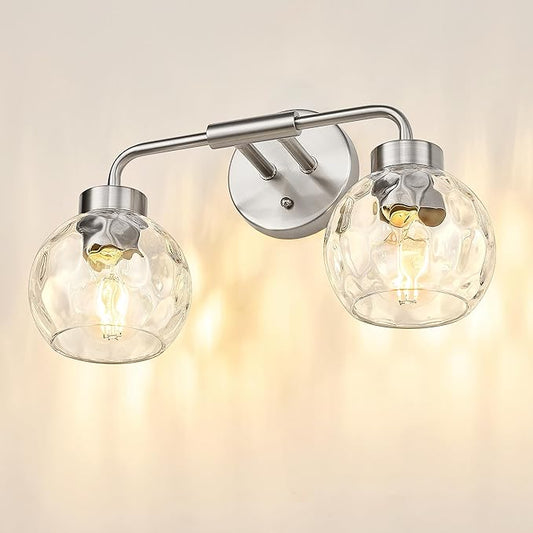 zeyu 16 Inch Bathroom Light Fixtures, 2-Light Vanity Bath Light for Mirror Bedroom, Brushed Nickel Finish with Water Ripple Globe Glass, ZS62BG-2W BN-WG