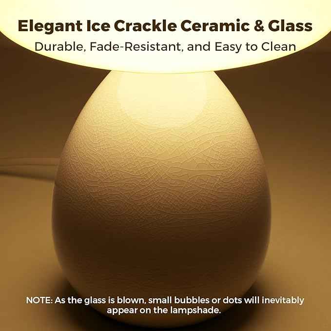 Mushroom Lamp, Vintage Small Table Lamp for Bedroom, Ice Crack Ceramic LED Night Light for Kids, Mid Century Modern Bedside Lamp for Nightstand, Living Room, Home Decor Gift Ideas for Women, Ivory