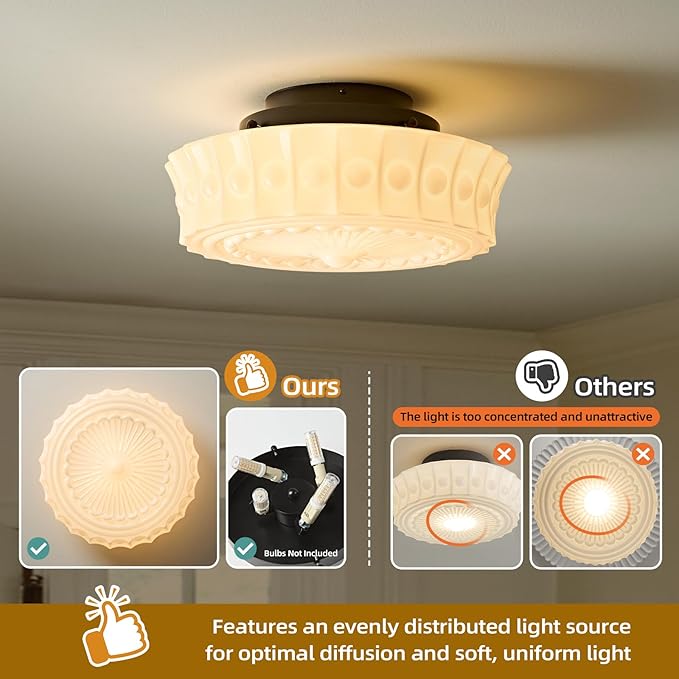 Milk Glass Schoolhouse Ceiling Light - 14 Inch Vintage Mid Century Modern Flush Mount Lighting Fixtures - Antique Art Deco Lamp for Hallway Bedroom Kitchen Entryway Laundry Foyer Bathroom Dining Room - Aura Lighting