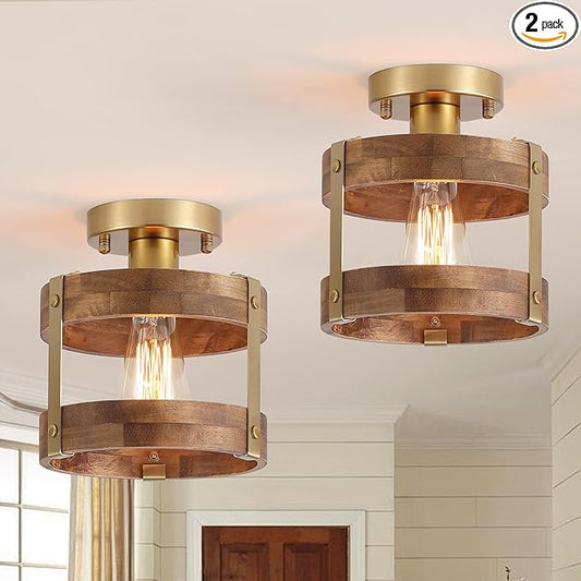 2 Pack Rustic Farmhouse Wood Flush Mount Ceiling Light Fixture Oak Wood and Metal Round Cage Small Semi Flush Mount Ceiling Light for Kitchen Hallway Entry Bedroom Country Farmhouse, Antique Gold