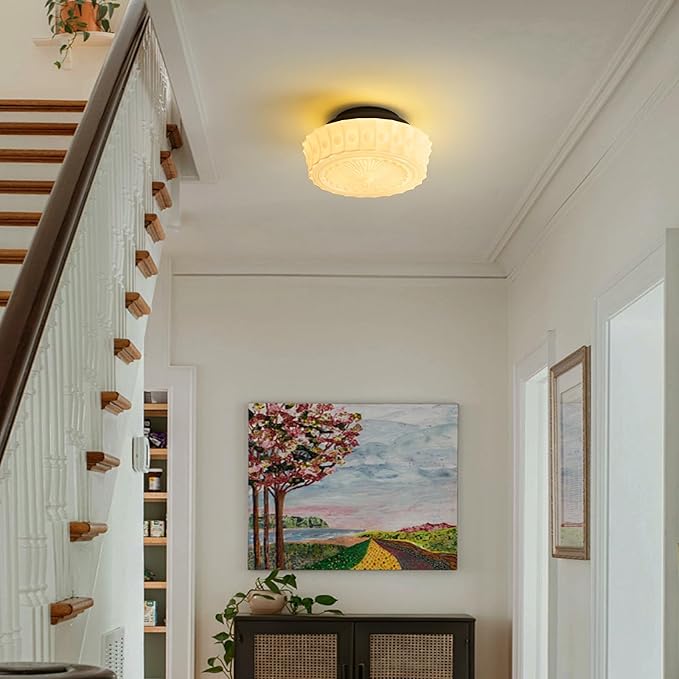 Schoolhouse Vintage Glass Ceiling Light - Small 12 Inch Cream Yellow Mid Century Modern Flush Mount Lighting Fixtures - Art Deco Lamp for Bedroom Kitchen Entryway Laundry Hallway Foyer Bathroom Hall - Aura Lighting
