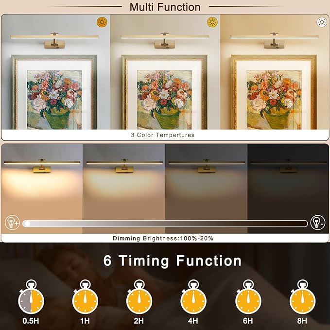 Wireless Picture Lights for Wall Battery Operated, Brass Art Lighting for Paintings Rechargeable Gallery lights with Remote and Timer 3CCT Dimmable Painting Lights for Artwork Portrait 23.6 inch