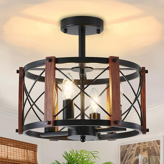 4-Light Farmhouse Wood Semi Flush Mount Ceiling Light, Black Hallway Light Fixtures, Rustic Industrial Close to Ceiling Light Fixtures for Dining Room Kitchen Entryway Laundry Room Lighting, UL Listed - Aura Lighting