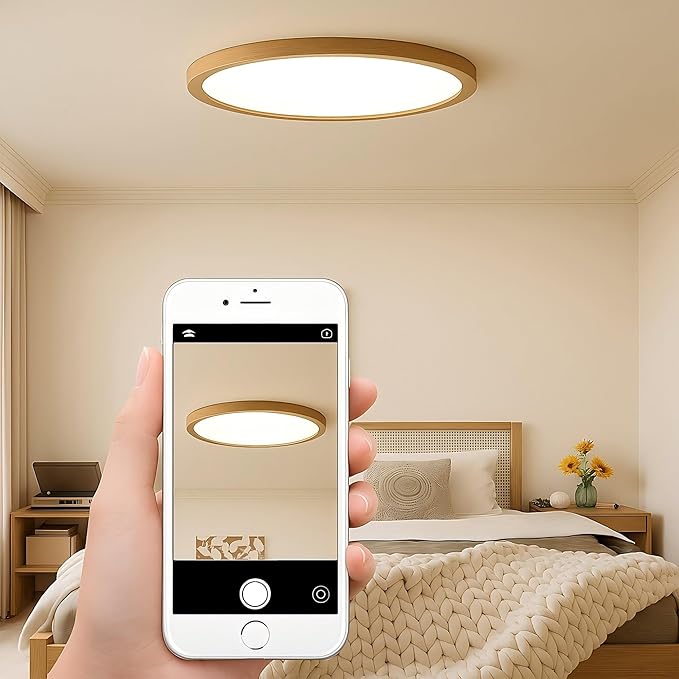 Ultra-Thin LED Ceiling Light Fixture 16.53", Handcrafted Natural Wood Modern Wabi-Sabi Style, Slim 2.5cm Profile, 37W LED 3000K-4000K-6000K, Round Minimalist Lamp for Bedroom Kitchen Hallway